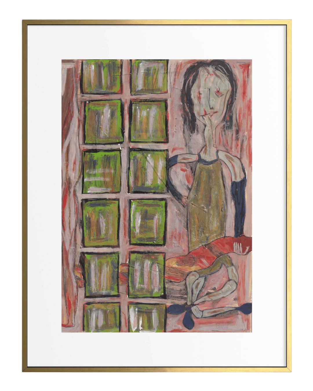 Abstract artwork of a figure in front of a grid pattern, framed with a gold border.
