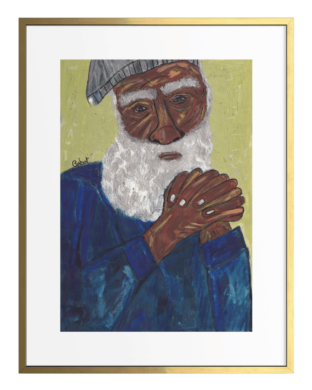 Framed artwork of a person with a white beard and blue garment, clasping hands.