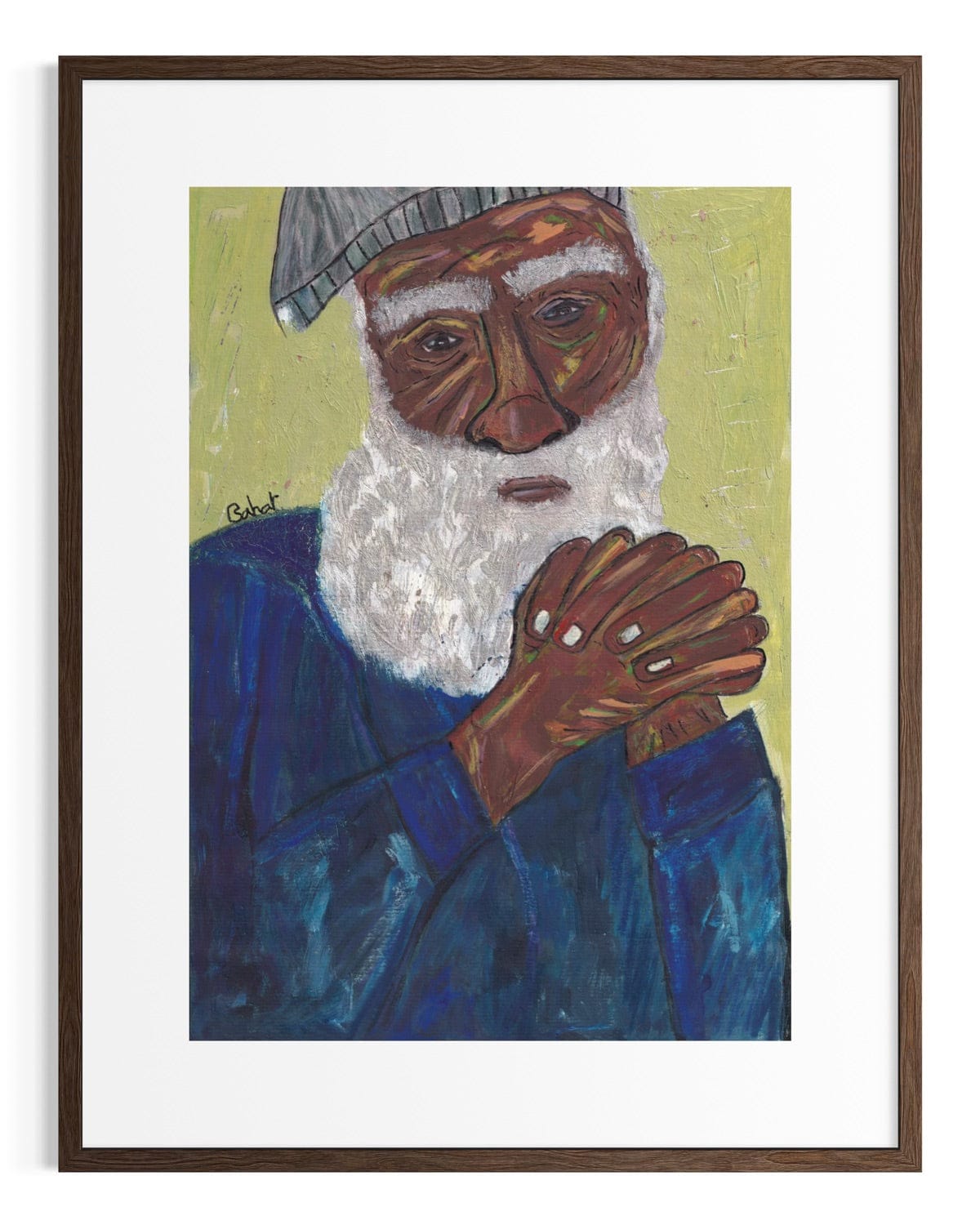 Framed artwork of a person with a white beard and blue garment on a light green background
