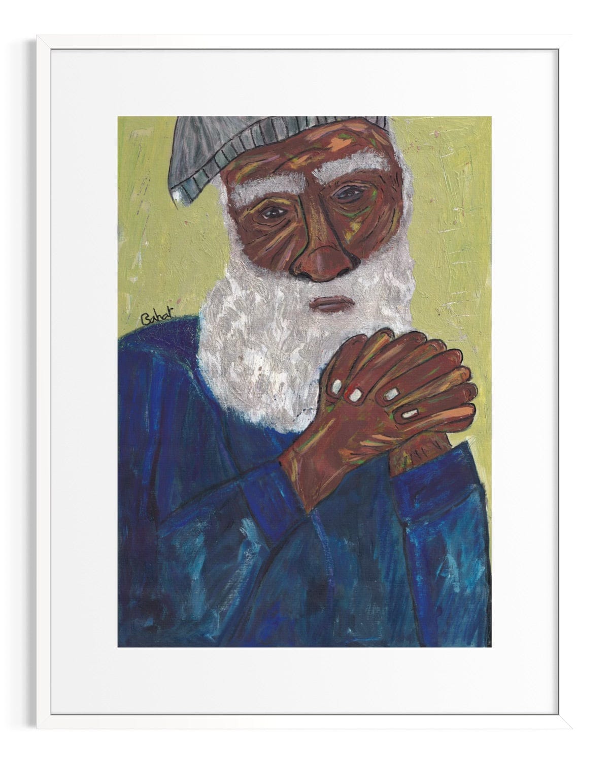 Painting of a person with a white beard and blue garment on a green background
