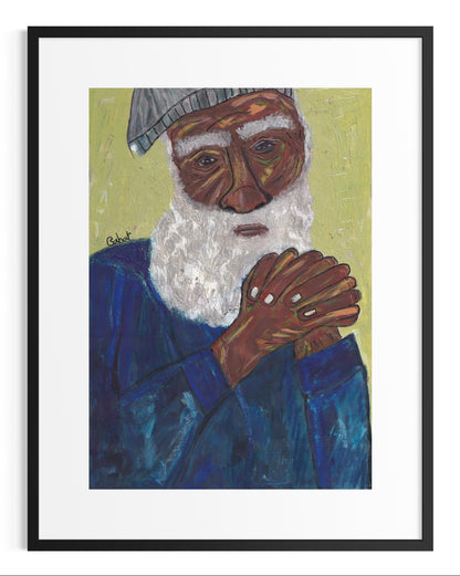Framed artwork of a person with a white beard and blue clothing, clasping hands together.