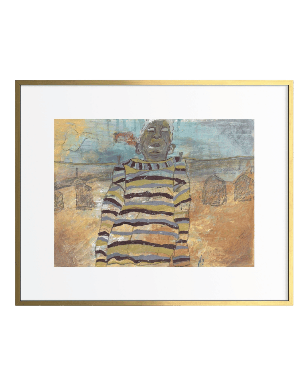 Framed artwork of a person wearing a striped sweater with a textured background.
