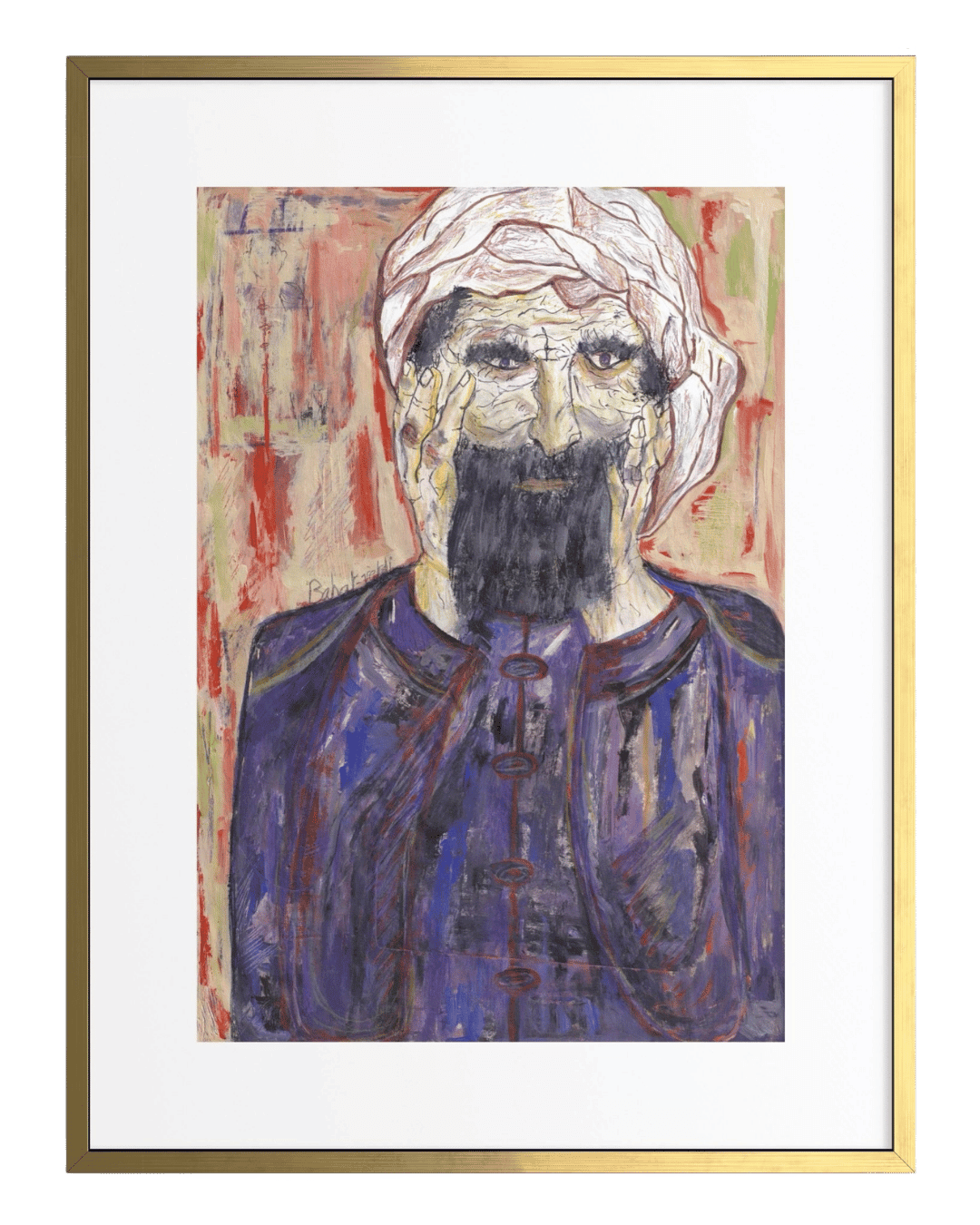 Framed artwork of a figure with a turban and purple garment on a colorful background