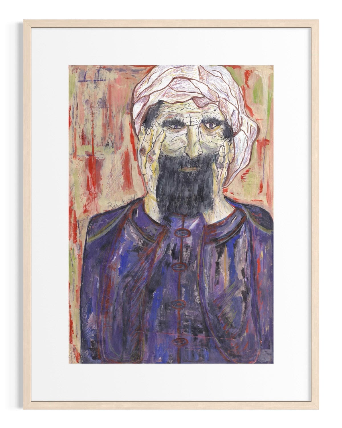 Framed artwork of a stylized portrait with abstract background