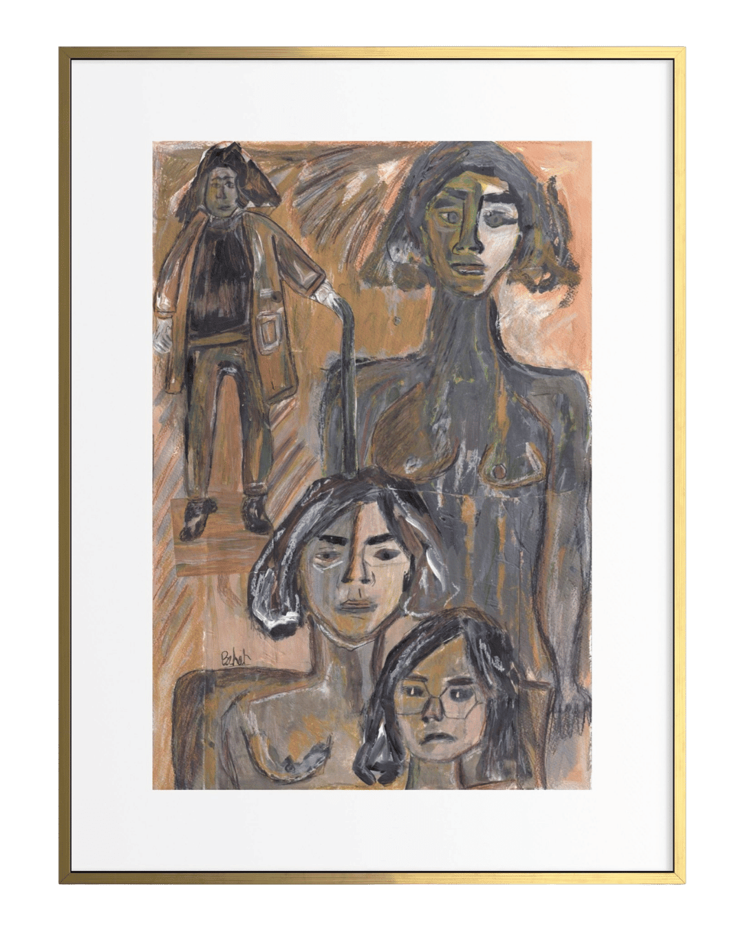 Framed artwork of four stylized human figures with a gold frame.