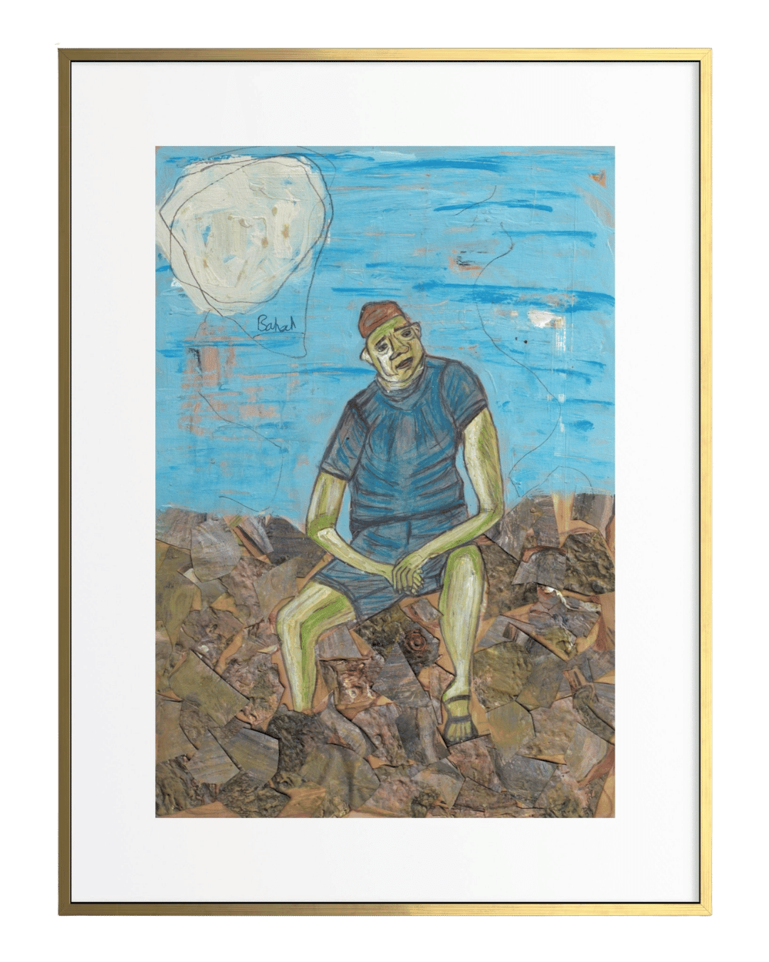 Framed artwork of a person sitting on rocks with a blue sky and moon in the background.