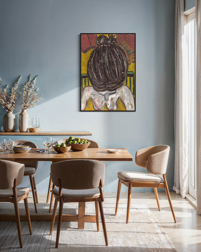 Dining room with wooden table and chairs, abstract painting on wall, and natural light.