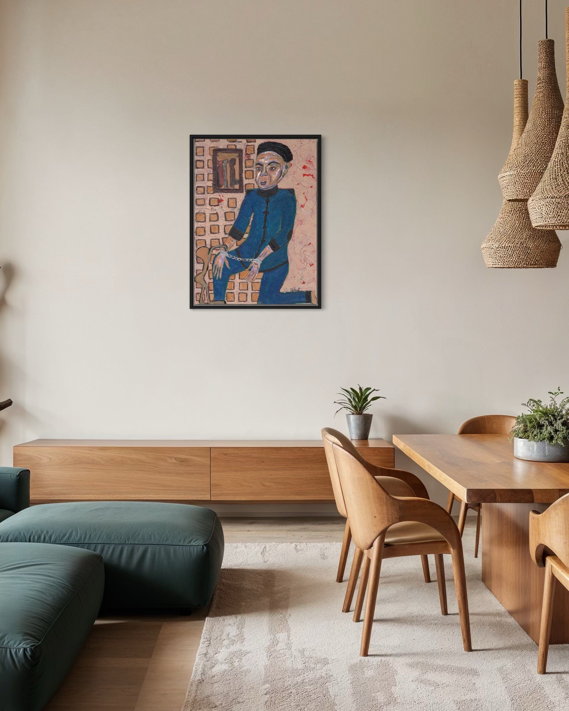 Modern living room with wooden furniture, a painting on the wall, and decorative plants.