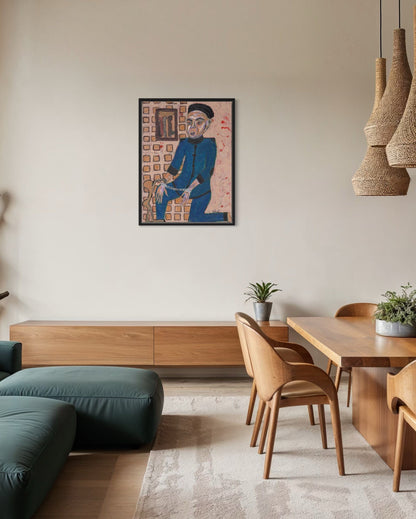 Modern living room with wooden furniture, a painting on the wall, and decorative plants.