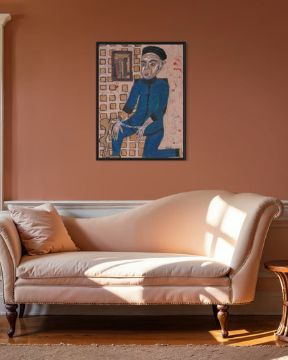Beige sofa in a room with a painting of a person in a blue outfit on the wall.