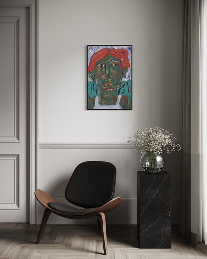 Modern interior with a black chair, marble side table, and colorful abstract painting on a gray wall.