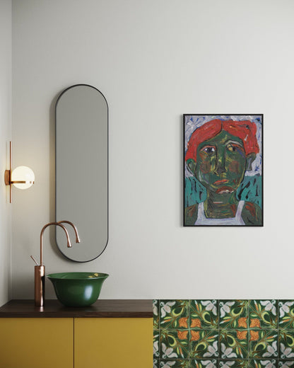 Bathroom interior with a mirror, sink, and wall art.