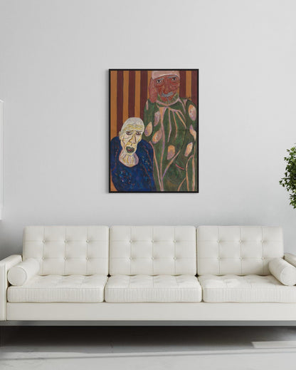 Framed artwork of an elderly woman and a floral figure on a white wall above a white sofa.
