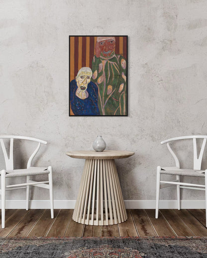 Two white chairs and a wooden table in a room with a painting of two faces on the wall.