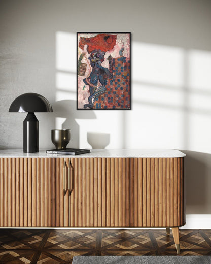 Wooden sideboard with decorative items and a colorful abstract painting on a wall.