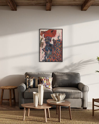 Living room with a gray sofa, wooden coffee table, and colorful artwork on the wall.