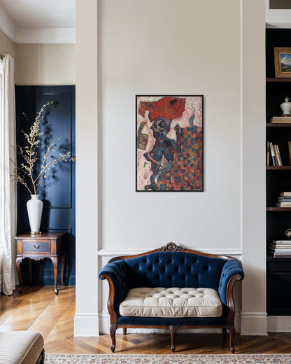 Navy blue velvet sofa with beige cushion in a room with a colorful abstract painting on the wall.