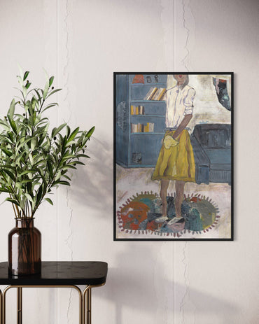 Framed artwork of a person in a yellow skirt standing in a room with books and a plant on a table.