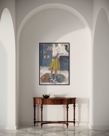 Framed artwork on a wall above a wooden console table in a room with arched doorways.