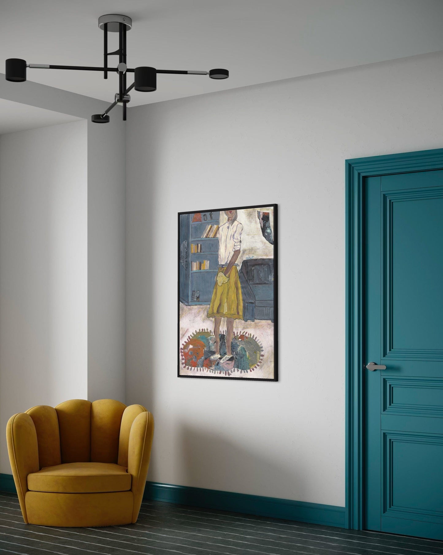 Modern interior with a yellow armchair, teal door, and framed artwork on a white wall.
