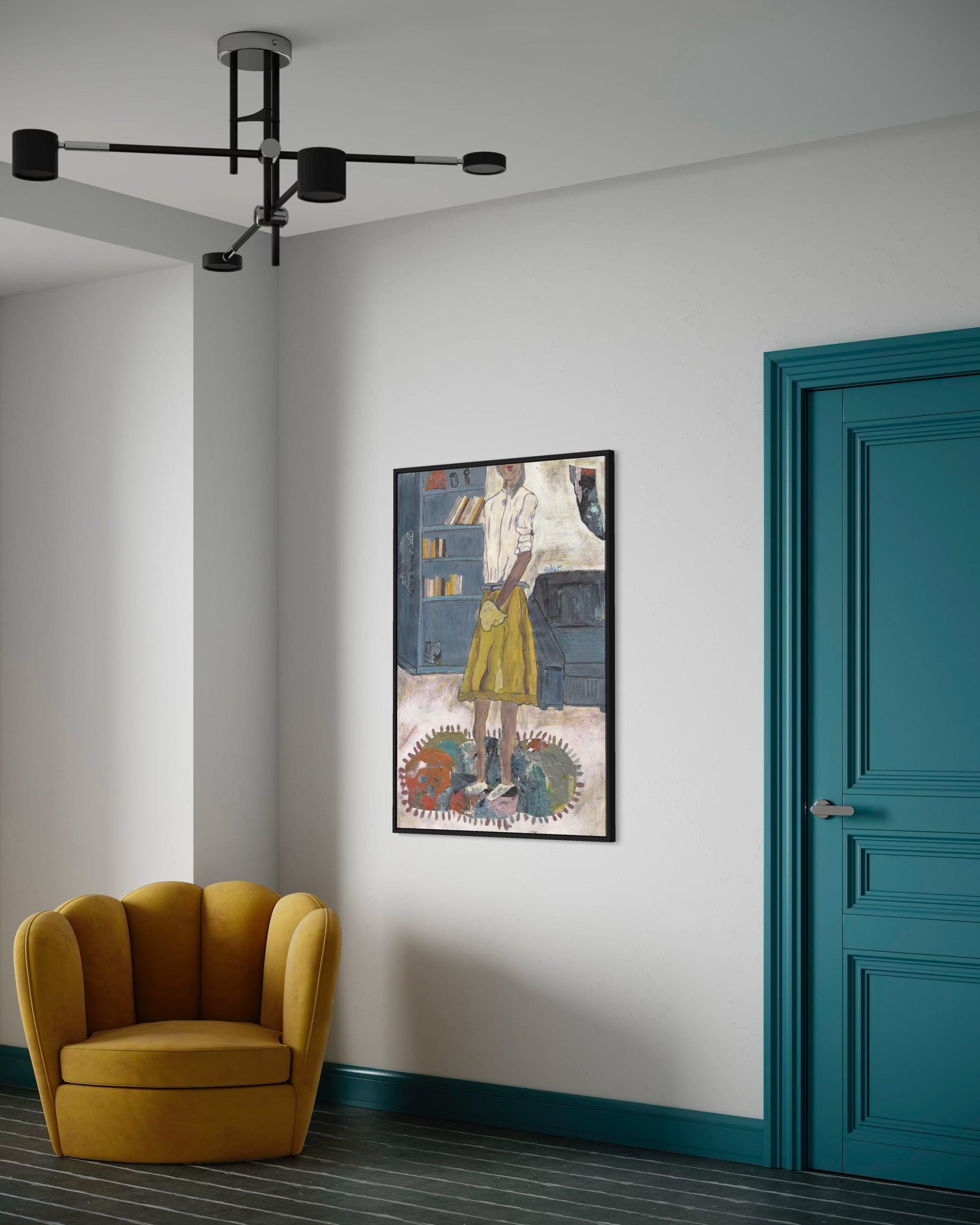 Modern interior with a yellow armchair, teal door, and framed artwork on a white wall.