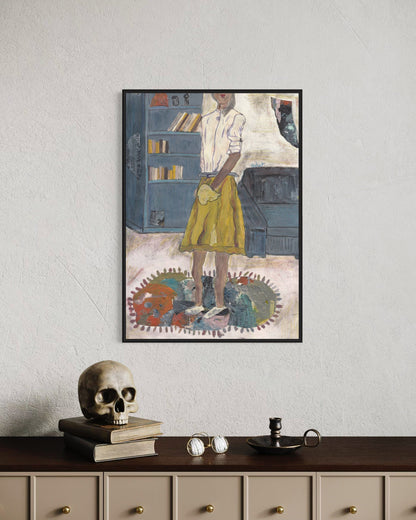 Framed artwork of a person in a yellow skirt standing in front of a bookshelf on a white wall.