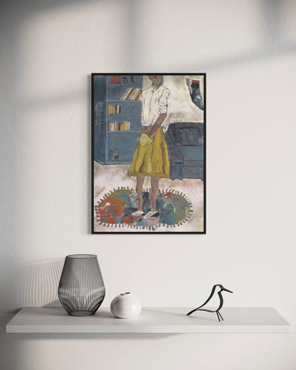 Framed artwork of a person standing on a rug in a room, displayed on a wall above a shelf with decorative items.
