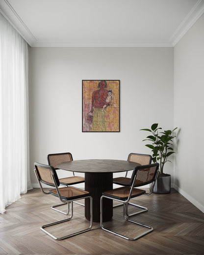 Dining area with round table and four chairs in a room with a painting on the wall.