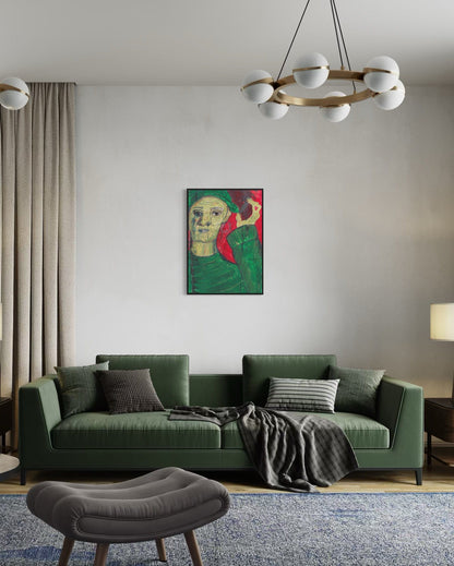 Modern living room with a green sofa, abstract painting, and stylish chandelier.