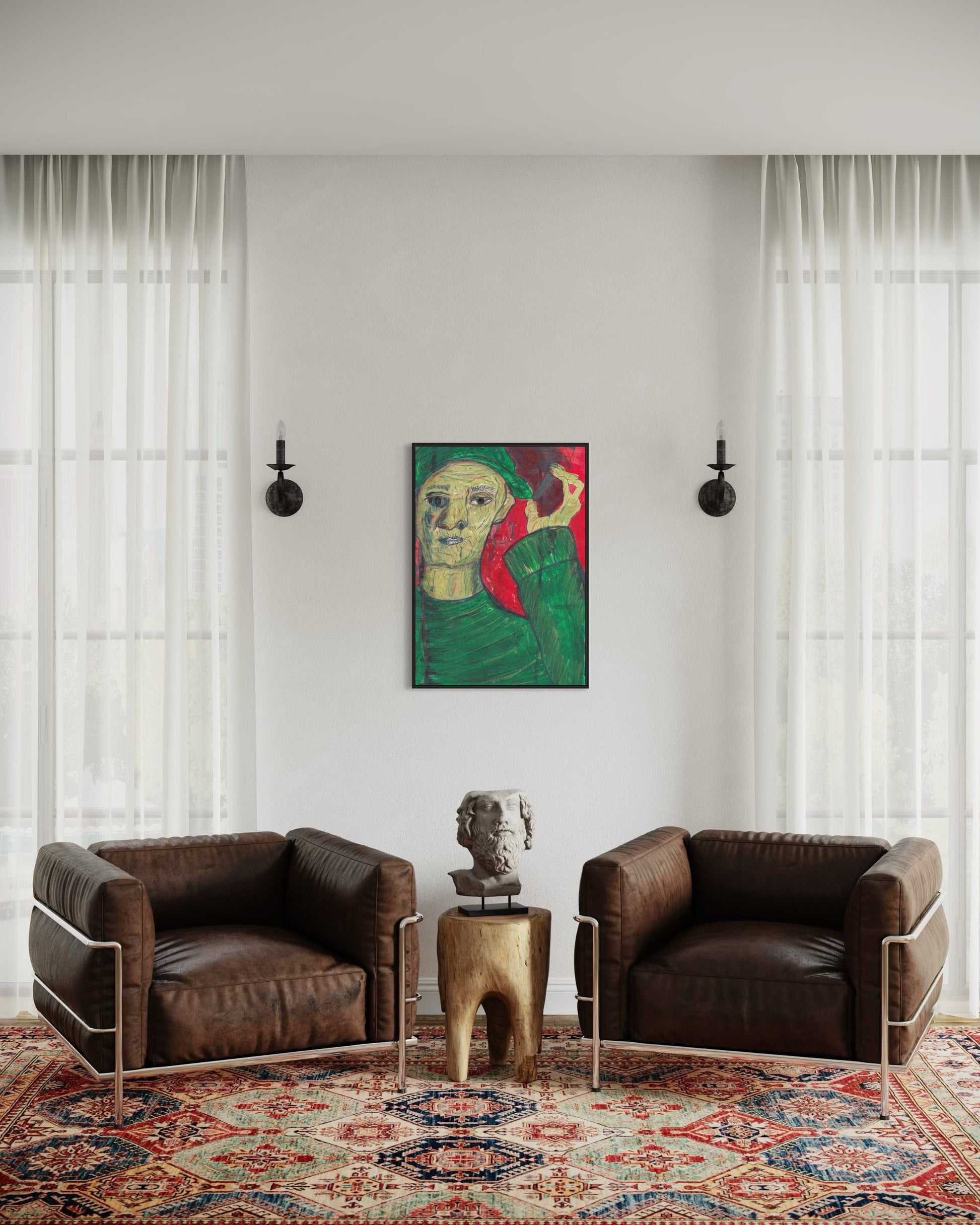 Modern living room with two brown leather chairs, a small table, and a colorful abstract painting on the wall.