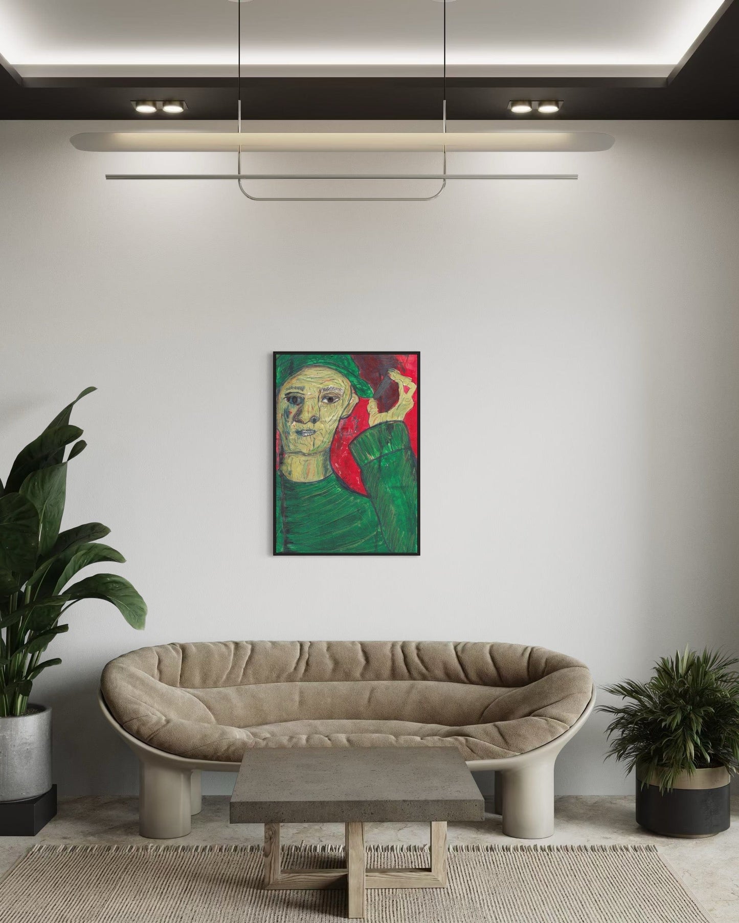 Modern living room with a beige sofa, coffee table, and colorful painting on the wall.