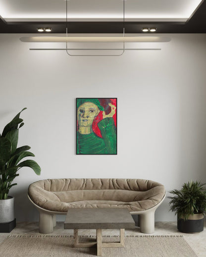 Modern living room with a beige sofa, coffee table, and colorful painting on the wall.