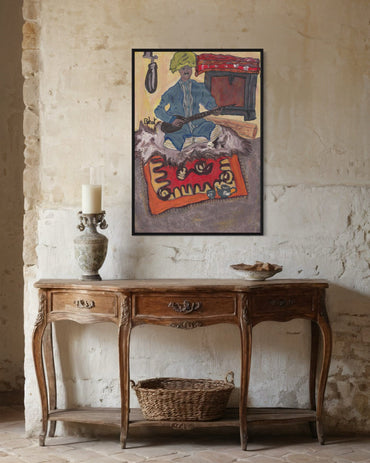 Vintage-style interior with a wooden console table, basket, and framed artwork on a textured wall.