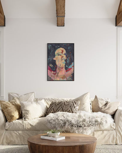 Living room with a beige sofa, wooden coffee table, and abstract painting on the wall.