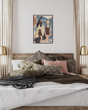 Bedroom with a bed featuring patterned pillows, a wooden headboard, and a framed artwork on the wall.