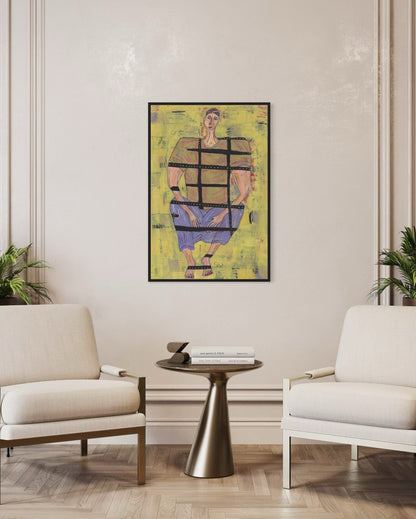 Modern living room with a colorful abstract painting on the wall, two white chairs, and a small round table.