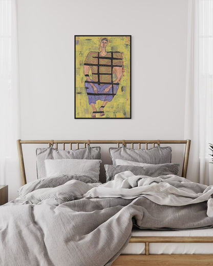 Bedroom with a bed and a framed abstract painting on the wall