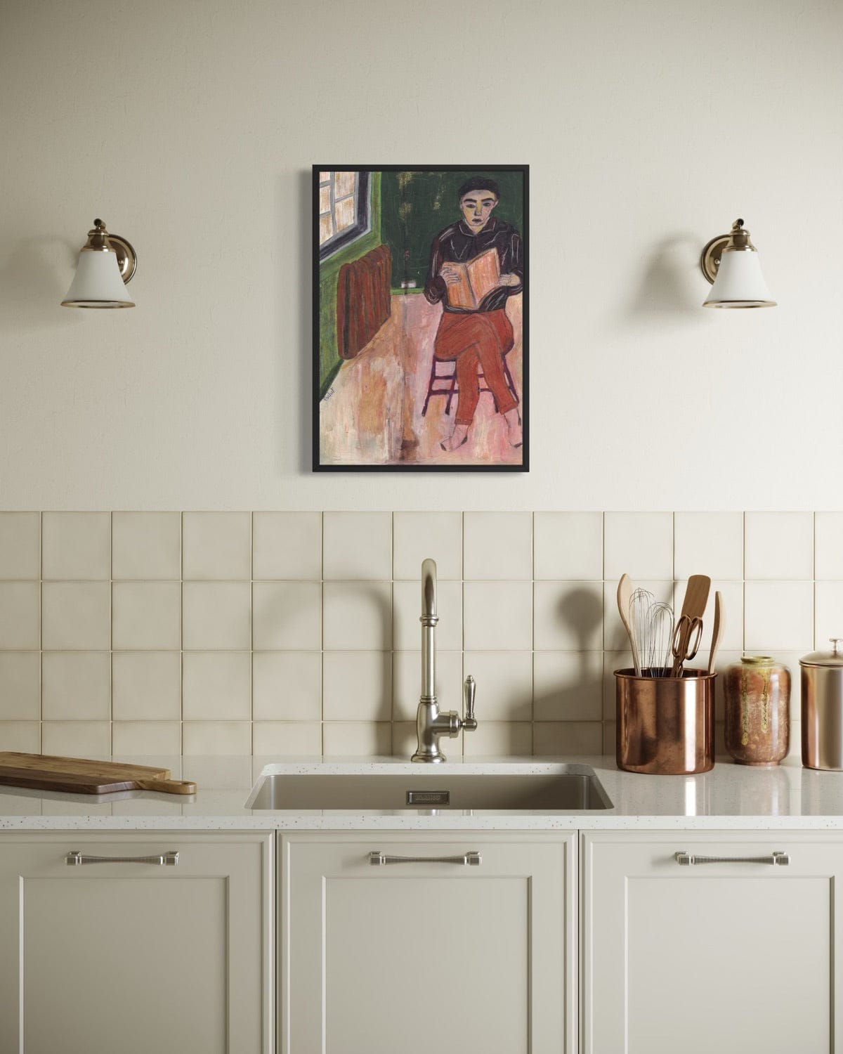 Kitchen interior with a painting above the sink