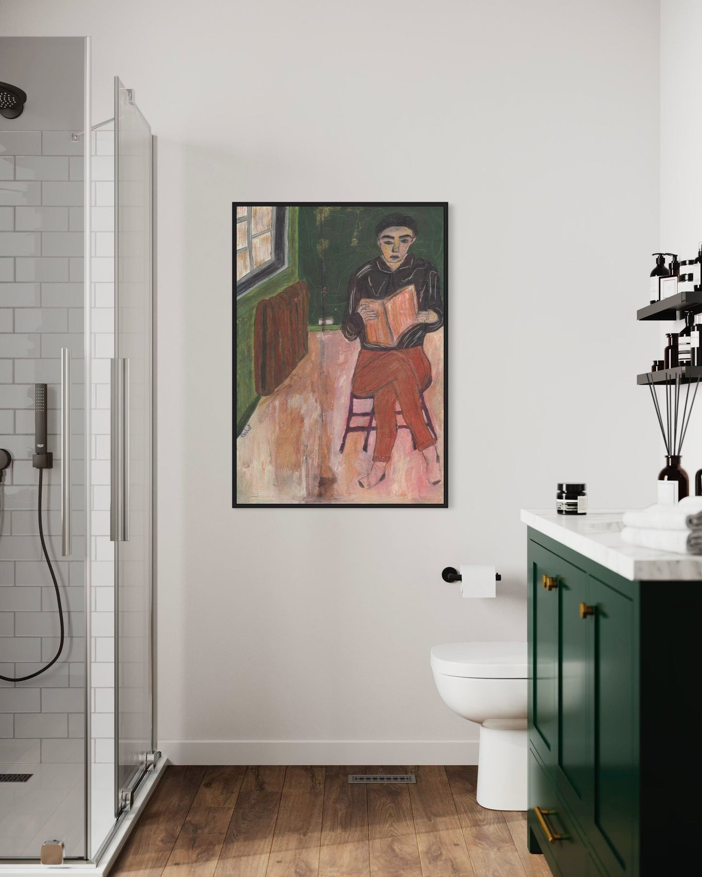 Bathroom interior with a framed painting on the wall, green cabinet, and toilet.
