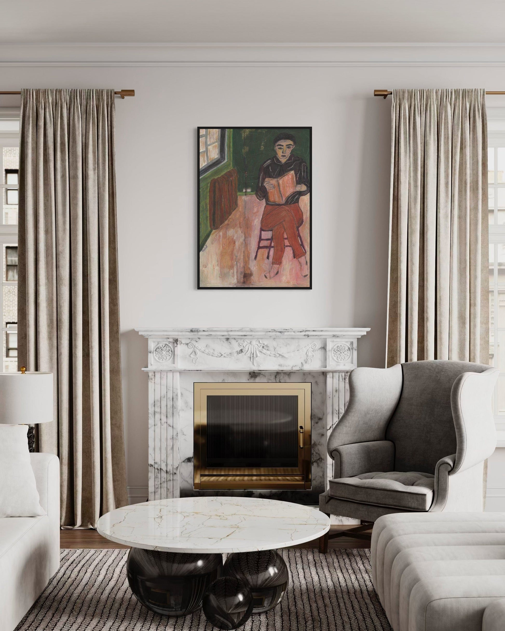 Living room with marble fireplace, artwork above, and modern furniture.