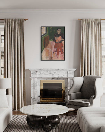 Living room with marble fireplace, artwork above, and modern furniture.
