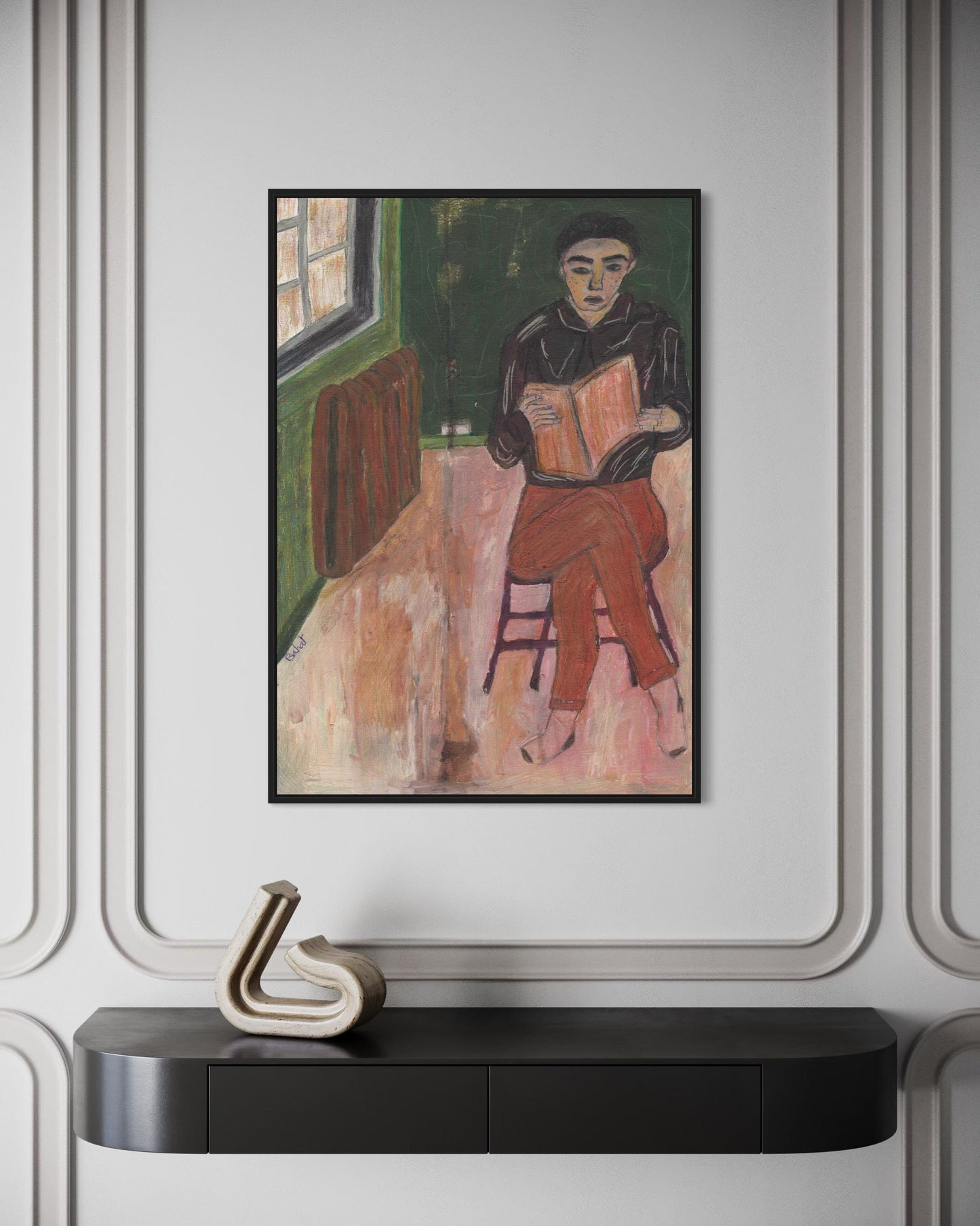 Framed painting of a person sitting on a chair in a room with a decorative wall and console table.