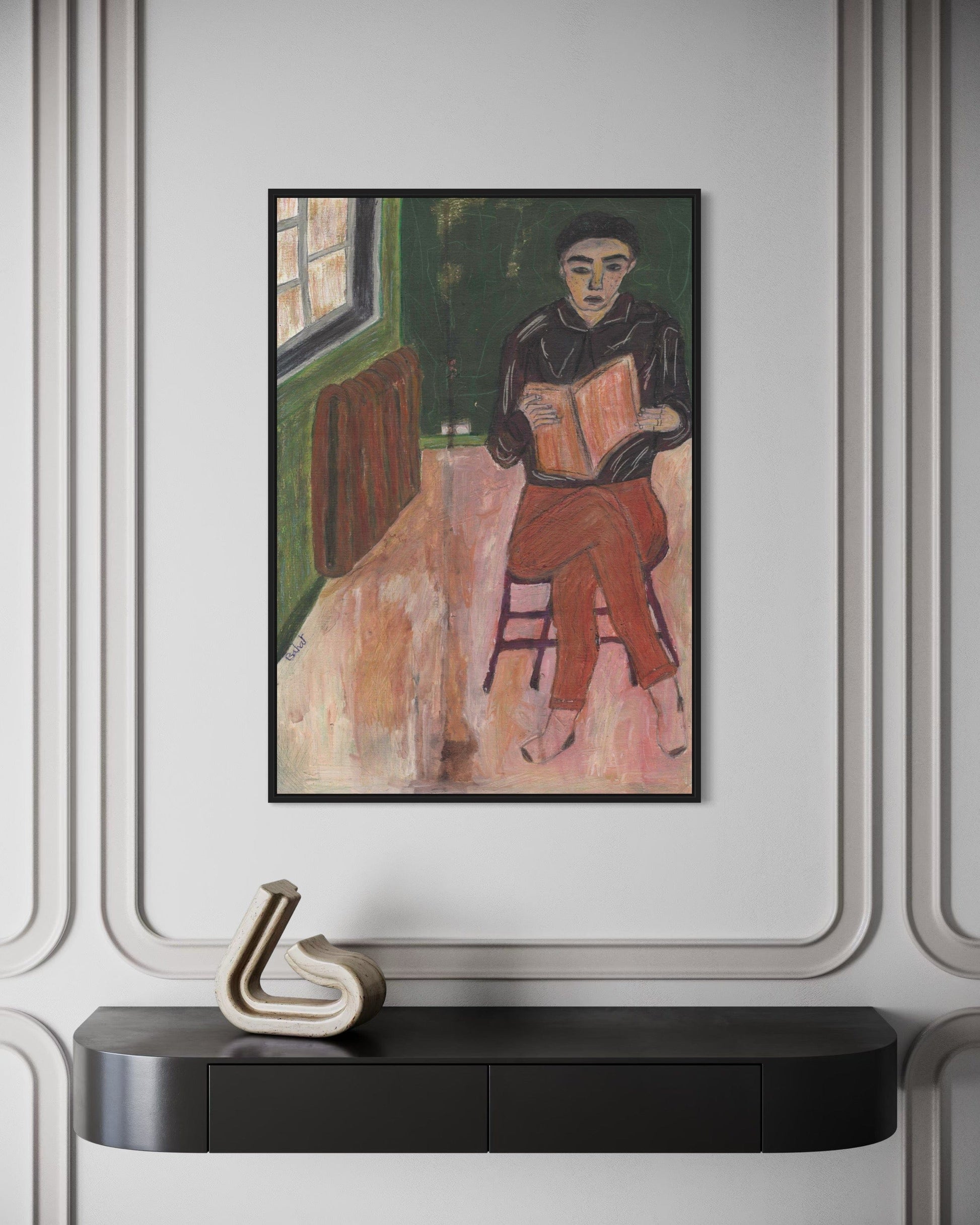 Framed painting of a person sitting on a chair in a room with a decorative wall and console table.