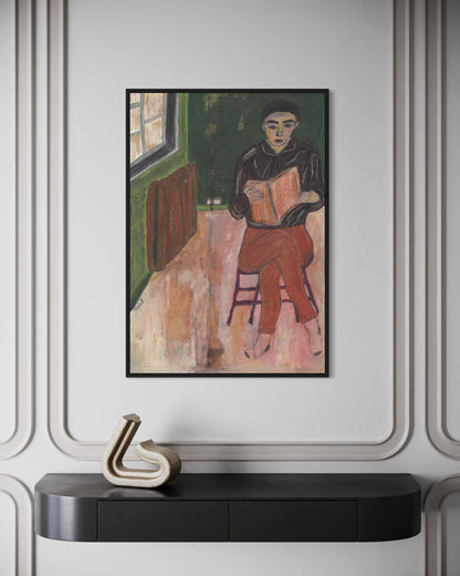 Framed painting of a person sitting on a chair in a room with a decorative wall and console table.