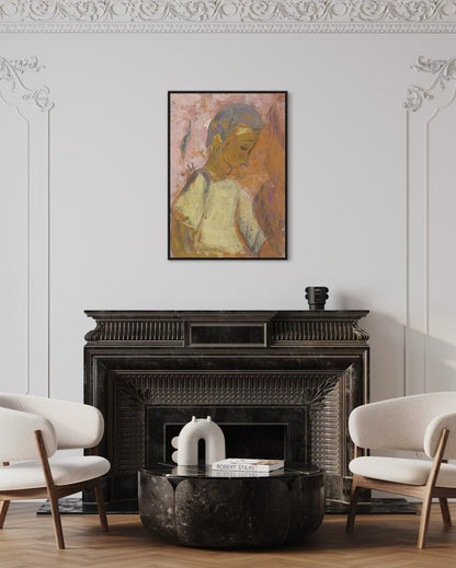Living room with a fireplace, two chairs, and a framed painting on the wall.