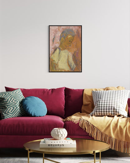 Living room with a colorful sofa, coffee table, and framed artwork on the wall.