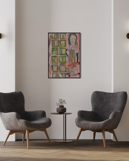 Two gray armchairs in a room with a colorful abstract painting on the wall.
