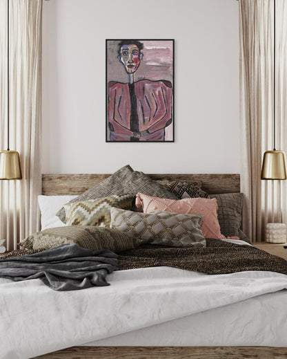 Bedroom with a bed featuring patterned pillows, a wooden headboard, and a framed painting on the wall.