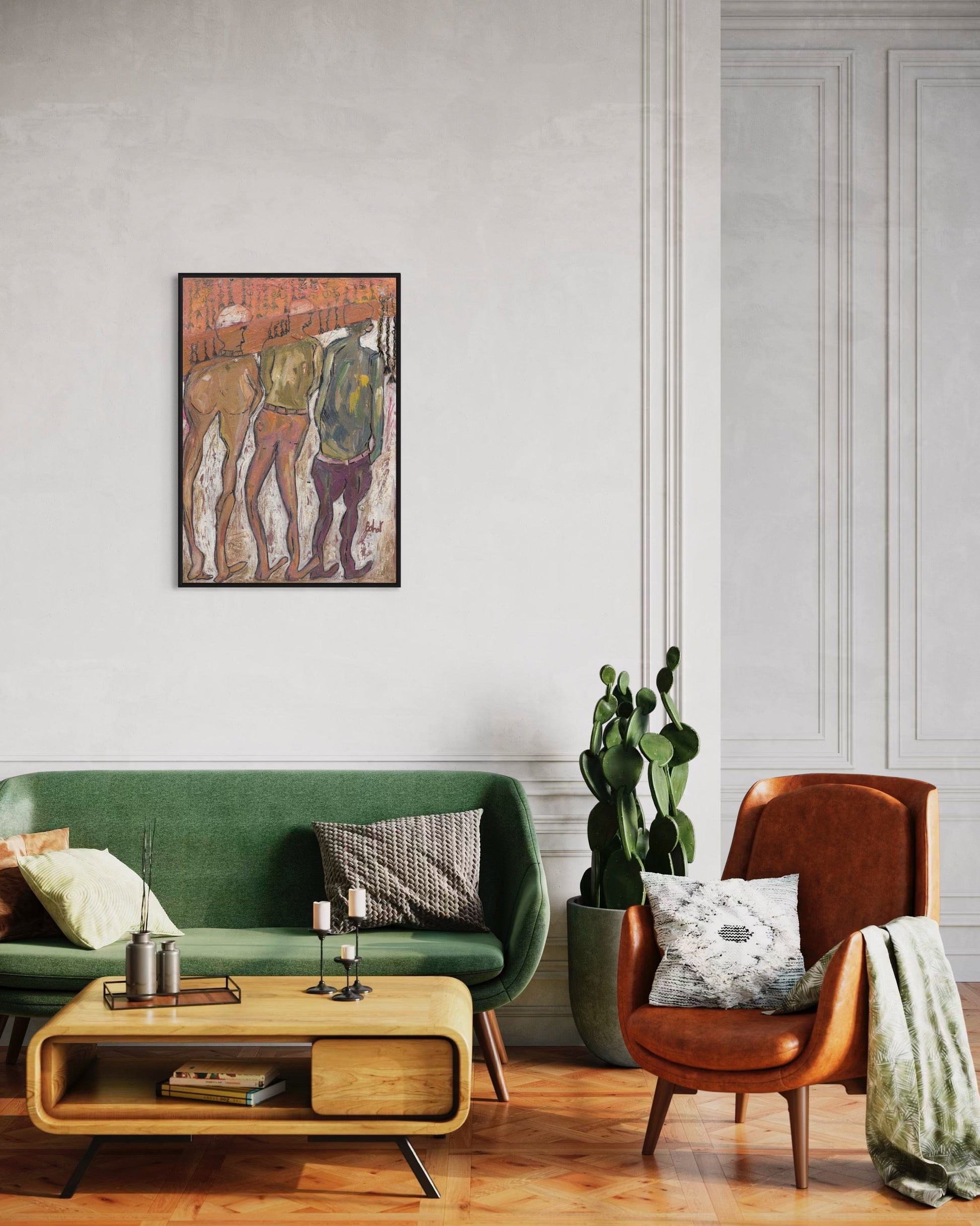 Living room with green sofa, wooden coffee table, and brown armchair.