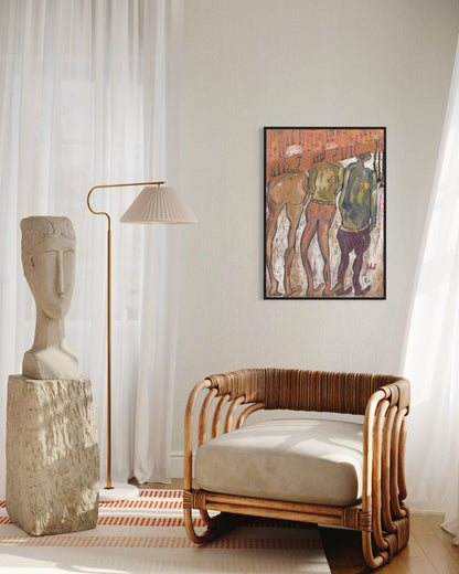 Modern interior with a wicker chair, abstract painting, and sculpture.